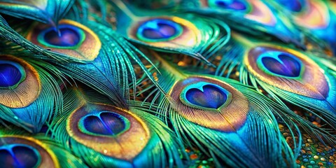 Obraz premium breathtaking macro shots of peacock feathers featuring dazzling iridescent patterns in shimmering blues and greens with a sense of luxury and high-end glamour