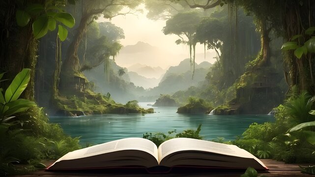 The jungle can be seen through the book. Concept of the environment