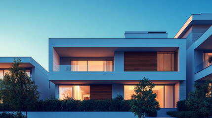 Modern architectural design of a minimalist house at twilight with warm lighting and lush greenery