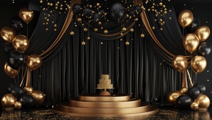 Black and Gold Balloon Decor with Cake on a Tiered Stand