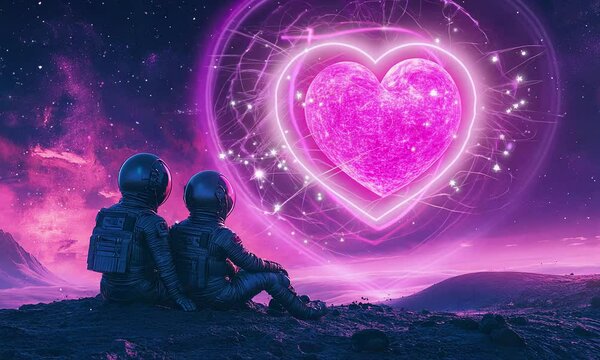 A couple in love sits in space and looks at a neon heart. Valentine's Day concept.