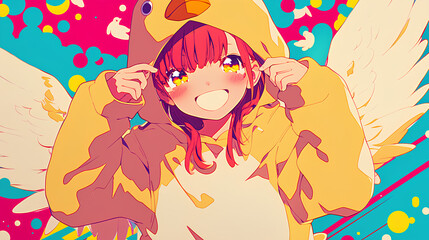 cute chicken character wearing anime onesie costume, anime style, cute kawaii, simple, smiling happy. neon psychedelic background