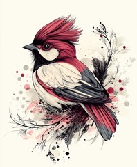 A stylized illustration of a colorful bird surrounded by artistic elements.