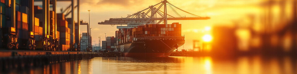 Cargo Ship at Industrial Port During Golden Sunset, Reflections on Water, Energetic Vibes, Vibrant and Bold Colors, Horizontal Image Capturing Movement and Trade