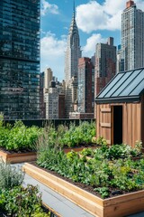 Fototapeta premium Urban rooftop garden with a small water feature and thriving plants. Skyscrapers visible in the background, Generative AI