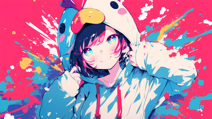 Obraz premium cute chicken character wearing anime onesie costume, anime style, cute kawaii, simple, smiling happy. neon psychedelic background