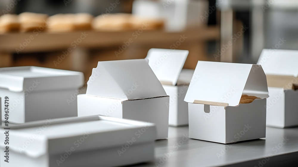 Poster Different types of white cardboard packaging For fast food folding large and small The concept of production and design of paper products Image : Generative AI