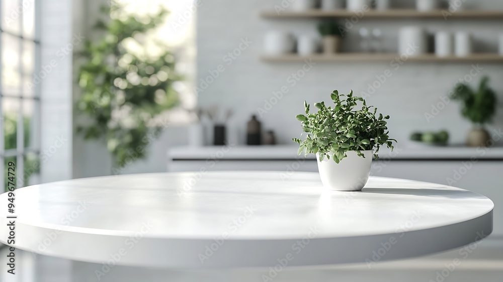 Poster Empty beautiful round white tabletop counter on interior in clean and bright kitchen background Ready for display Banner for product montage : Generative AI