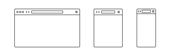 Browser page. Browser window template. New website page mock up vector set. Mobile browsing frame. Line design