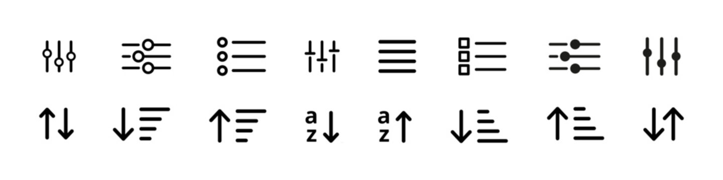 Filter icon. Sort sign. Sort and filter vector set. Isolated filtering and sorting icons. Settings button.