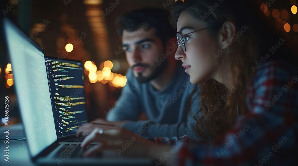 Poster Side view portrait of two software developers using laptop together while working on project in IT company office copy space : Generative AI