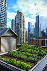Fototapeta premium Urban rooftop garden with a small water feature and thriving plants. Skyscrapers visible in the background, Generative AI