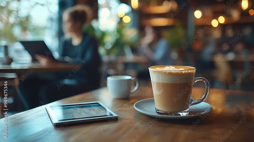 Aufkleber Coffee shop discussion and business people on tablet for conversation talking or planning for remote work Meeting teamwork and people on computer for internet research and website in r : Generative AI