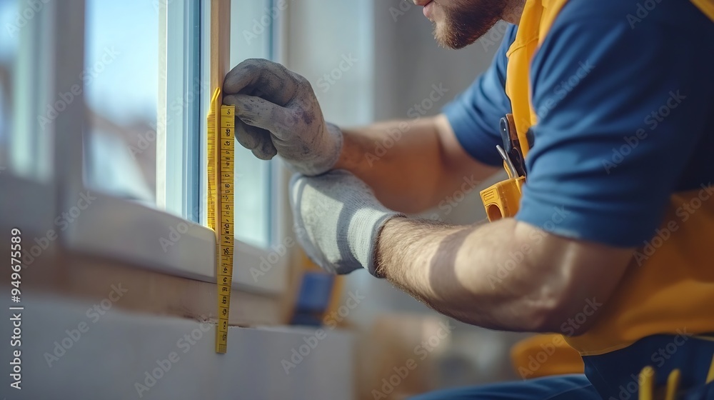 Aufkleber Technician worker in uniform using measuring tape tool to measuring wood window in the home construction site repair and fix for problem in the house : Generative AI