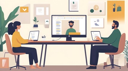 Virtual Team Collaborating on Website Development via Video Call in Modern Remote Workspace