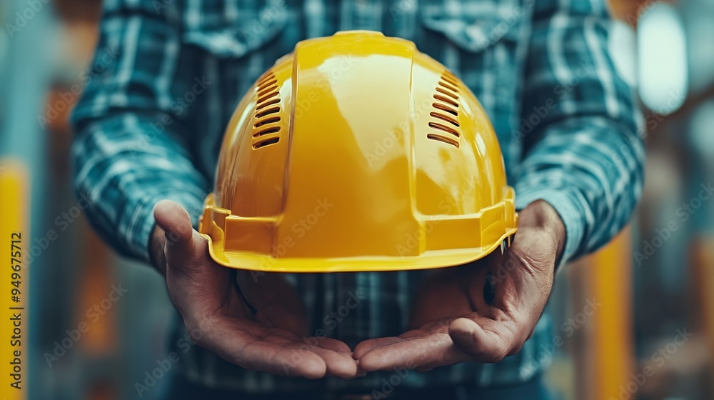 Poster helmet is in hands of builder hardhat for head protection man builder smiles as he holds out his hel