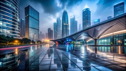 Obraz premium Futuristic cityscape at dusk with sleek silver roofing lines and neon lights mirrored in wet pavement and foggy atmosphere.