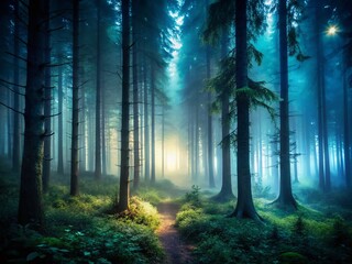 Naklejka premium moody dark misty forest hello ethereal fog mysterious atmosphere low key lighting subtle color palette eerie mystical enchanting mystical