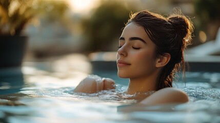 Fototapeta premium Beautiful woman relaxing at spa Young lady relaxing in jacuzzi : Generative AI