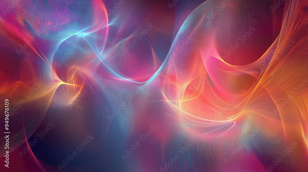 Poster abstract digital image with harmonic interference patterns in vibrant colors and flowing lines, illu