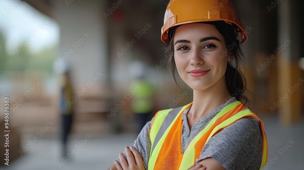 Poster portrait of happy beautiful woman engineer worker with safety vest and helmet stands with arms cross