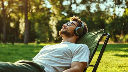 young, attractive man enjoying a moment of relaxation in nature with headphones on, capturing the concept of a summer playlist and the peaceful escape music provides, set against a tranquil outdoor se