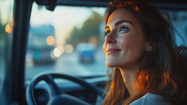 Happy woman driving a bus in reverse while looking at side view mirror : Generative AI