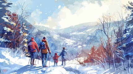 Family Enjoying Winter Hike in Snowy Forest - Perfect for Holiday Greeting Cards and Winter Posters