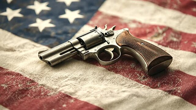 vintage firearm rests on a distressed American flag, evoking a sense of historical significance and controversy, capturing the complex legacy and symbolism of American history