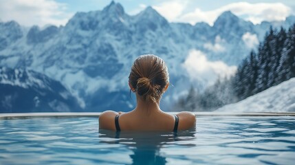 Fototapeta premium Rear view of tourist swimming in hot pool during winter Woman in swimwear looking at snowcapped mountains She is relaxing in luxurious hotel : Generative AI