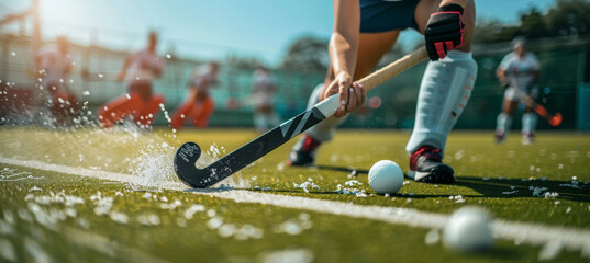 Field Hockey Player Hitting Ball with Precision on Sunlit Turf - Sports Action Photography