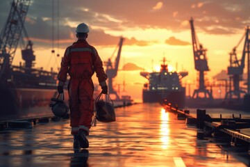 Fototapeta premium A Dock Worker Walking Away from a Cargo Ship at Sunset