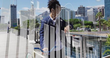 Businessman checking watch with financial data processing animation over cityscape background - Powered by Adobe