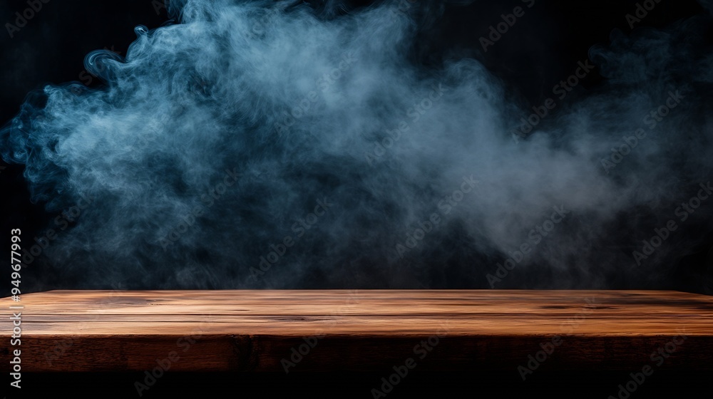 Leinwandbilder On a black background an empty wooden table with smoke floats up Empty space for displaying your products with a smoke float up on a dark background Space available for displaying your : Generative AI