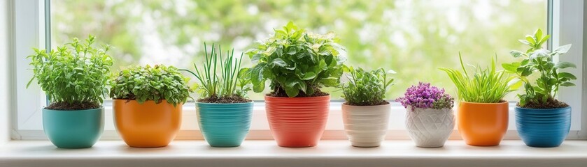 Fototapeta premium Houseplant variety, colorful pots on windowsill, bright and cheerful