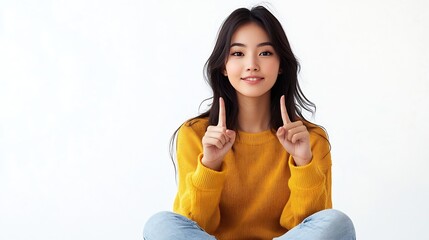 Young Asian woman sitting and pointing to empty copy space isolated on white background Full body composition : Generative AI