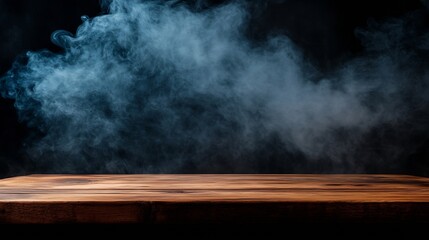 On a black background an empty wooden table with smoke floats up Empty space for displaying your products with a smoke float up on a dark background Space available for displaying your : Generative AI