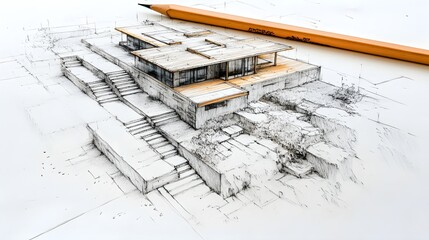 Architectural sketch showing terrace layout with precise measurements, slight slope for water drainage, hand-drawn yet detailed, pencil sketch styleo