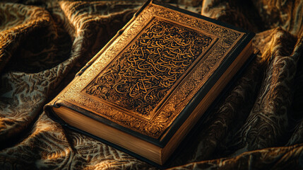 Fototapeta premium An intricately designed book resting on a textured fabric surface, showcasing ornate golden calligraphy and rich details