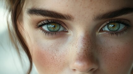 Fototapeta premium Woman with beautiful green eyes on light grey background closeup : Generative AI