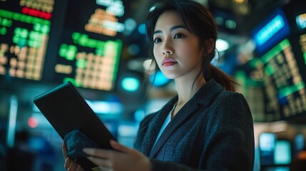 Young Asian Female Broker Working on Tablet Computer on Stock Exchange Floor Traders Monitoring RealTime Stocks Commodities and Exchange Market Data Professional Investment Agents in O : Generative AI