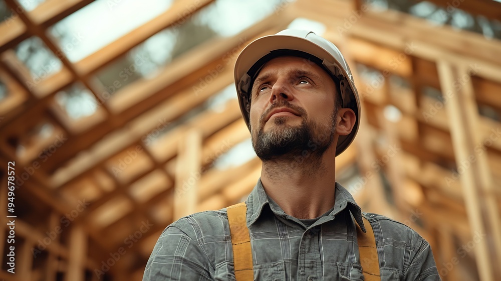 Poster man builder engineer works at construction site builder in gray uniform foreman inside unfinished ho