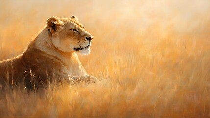 Lioness in golden savanna, captured in thick, expressive oil strokes, sunset lighting, hand-painted, deep shadows