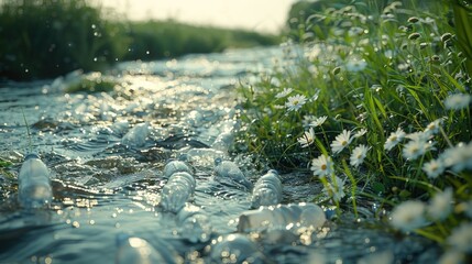 Fototapeta premium A close-up of a river filled with plastic bottles, highlighting the issue of pollution.