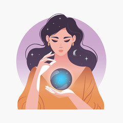 Naklejka premium woman holding magic ball, seer, flat design, vector illustration, isolated on white