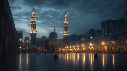 Naklejka premium Magnificent view of illuminated mosque towers during dusk in a bustling cityscape