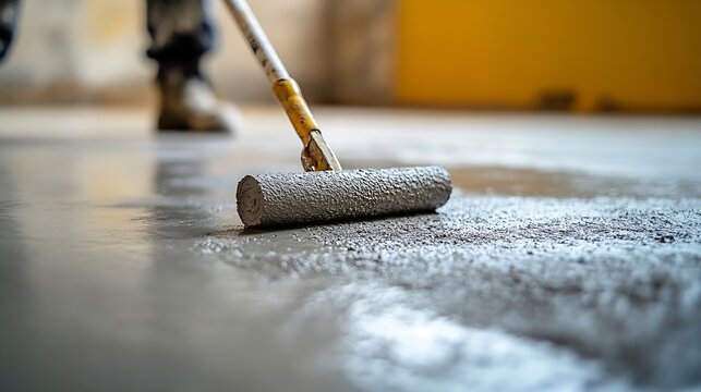 Concrete floor primer The process of applying a primer with a roller and trowel to a concrete floor Primer for concrete floors to strengthen the surface : Generative AI