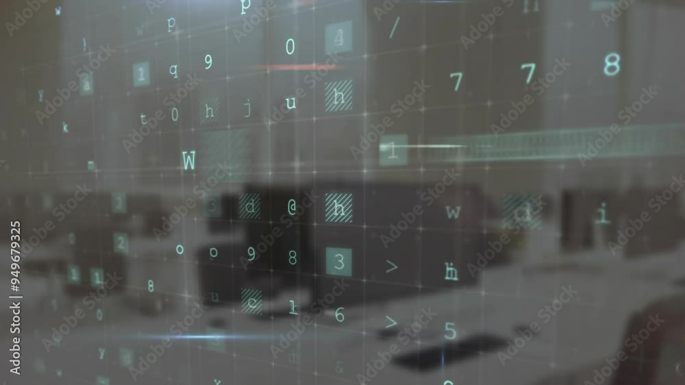 Poster warning text and numbers animation over office workspace with computers