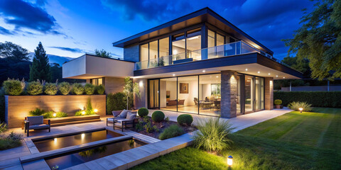 Obraz premium Modern House with Garden at Night