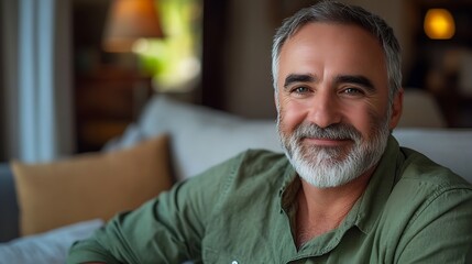 Portrait of happy smiling middle aged mature senior 50 years old bearded man wearing green shirt sitting on couch at home interior looking at camera relaxing on sofa in modern house : Generative AI